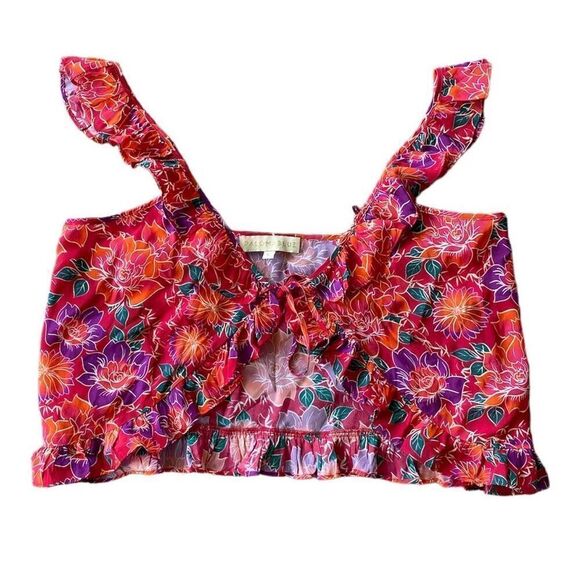 Paloma Blue Ali Floral Print Crepe Silk Blend Tie Up Ruffled Crop Top Size Large - Picture 2 of 7
